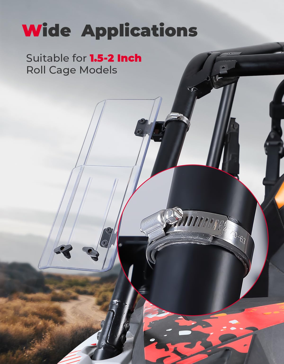2PCS UTV Side Wind Deflectors For 1.5-2.2 inch Fit RZR, Maverick X3 - Kemimoto