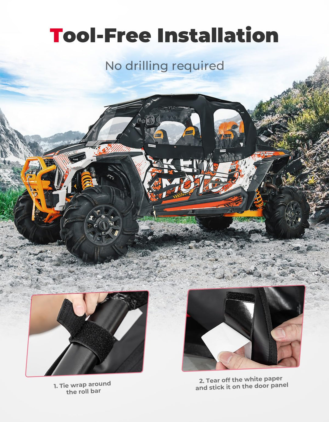 Soft Cab Enclosure Upper Doors, Waterproof Heavy-Duty Snaps Hold 4 Side Windows Fit 2014+ Polaris RZR XP - Kemimoto