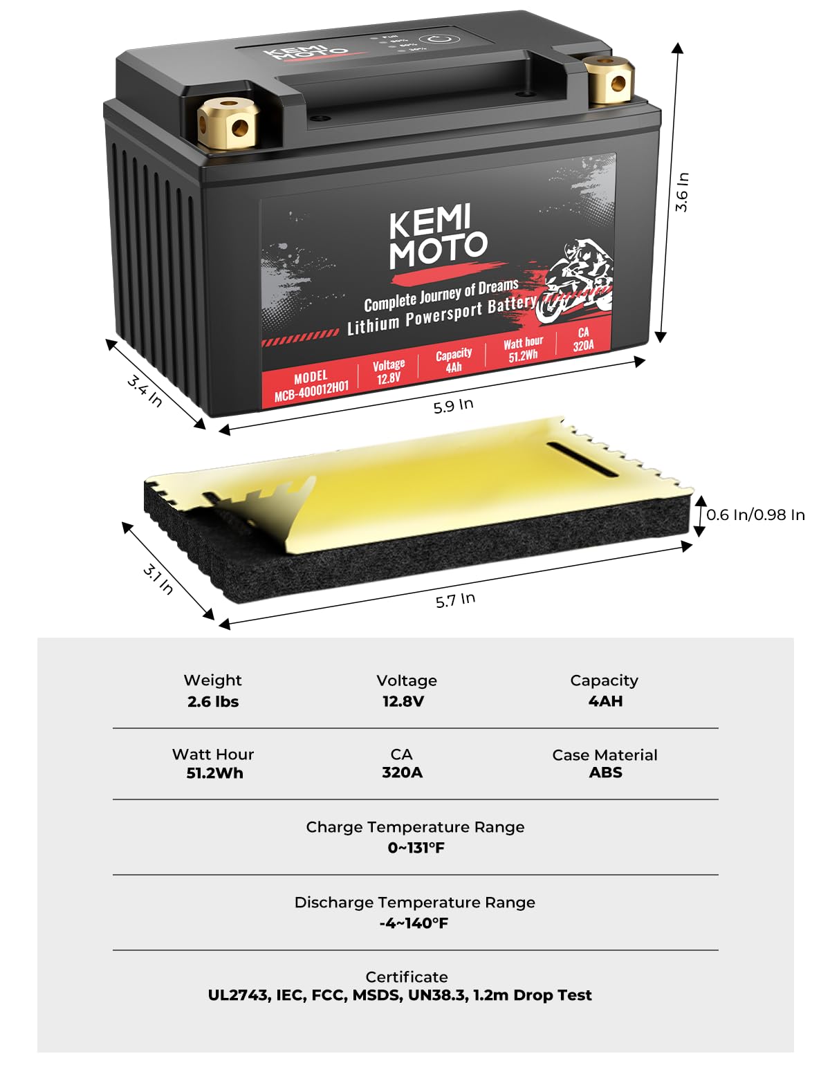 LiFePO4 12v Lithium Battery 4Ah for Motorcycle/ Lawn Mower/ ATV/ UTV