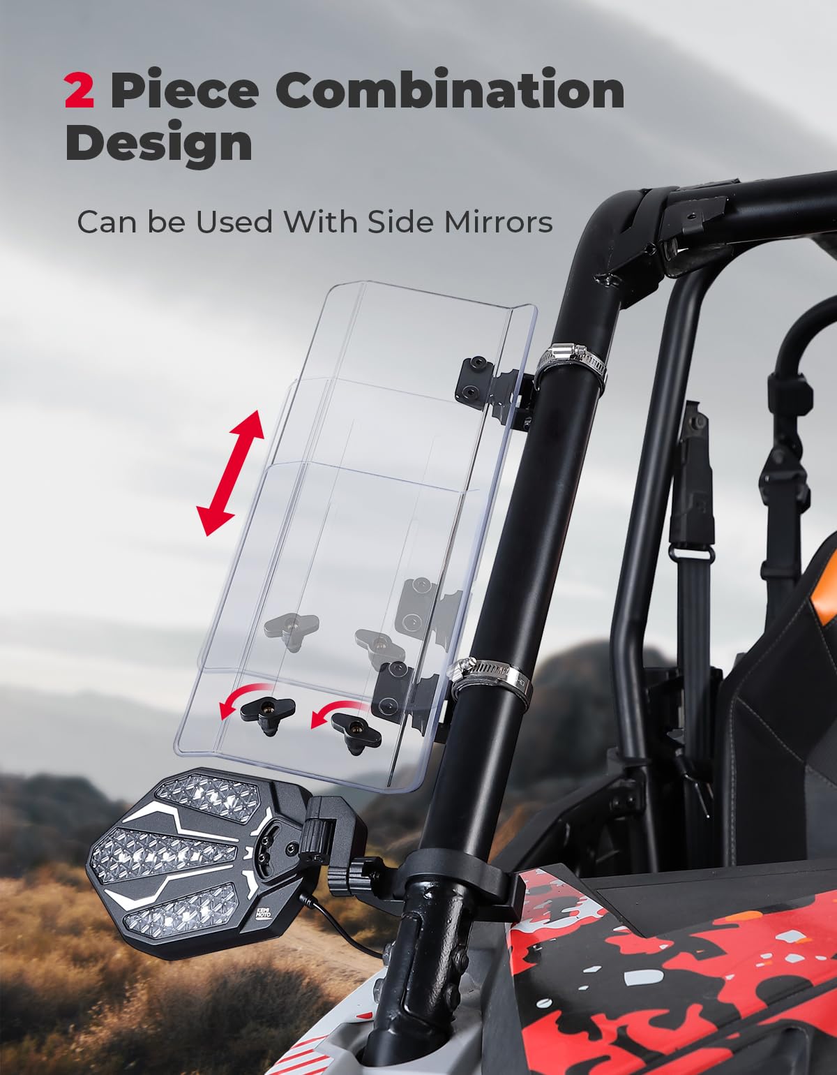 2PCS UTV Side Wind Deflectors For 1.5-2.2 inch Fit RZR, Maverick X3 - Kemimoto