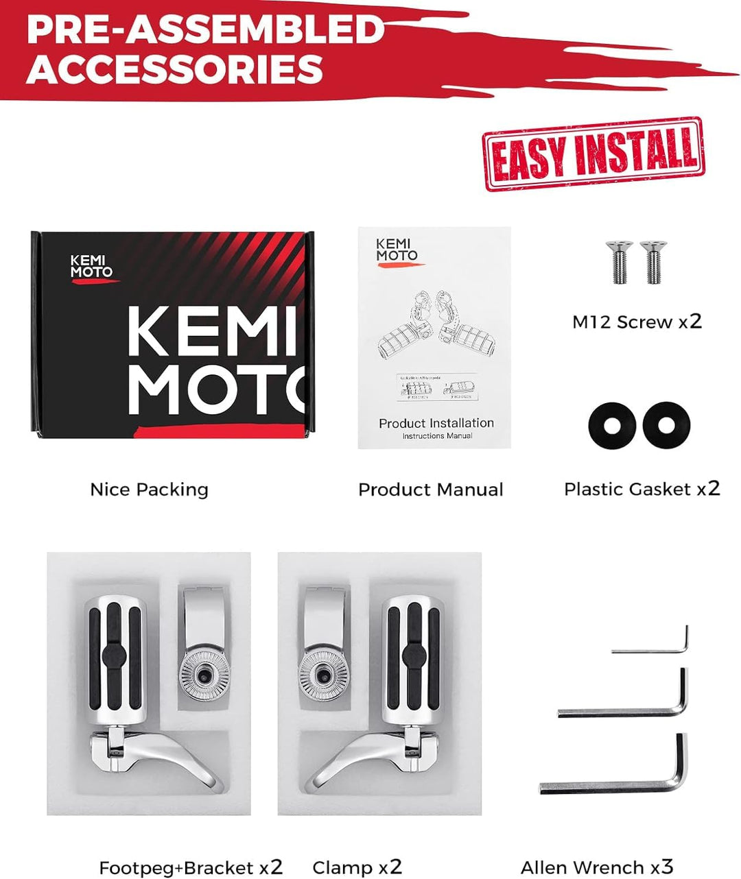 Motorcycle Highway Pegs for Harley, Chrome - Kemimoto
