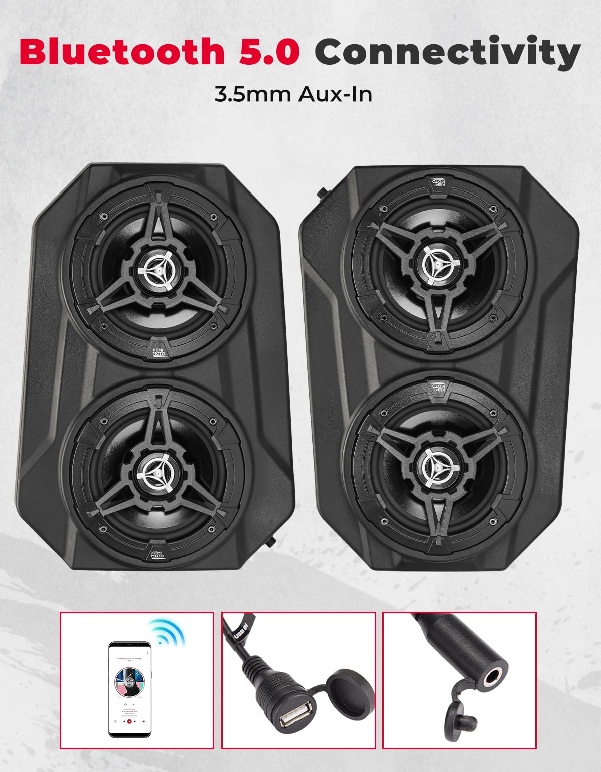 UTV Sound System 6.5 Inch Speakers Overhead Stereo Bluetooth Fits 1.625-1.9in Roll Cages - Kemimoto