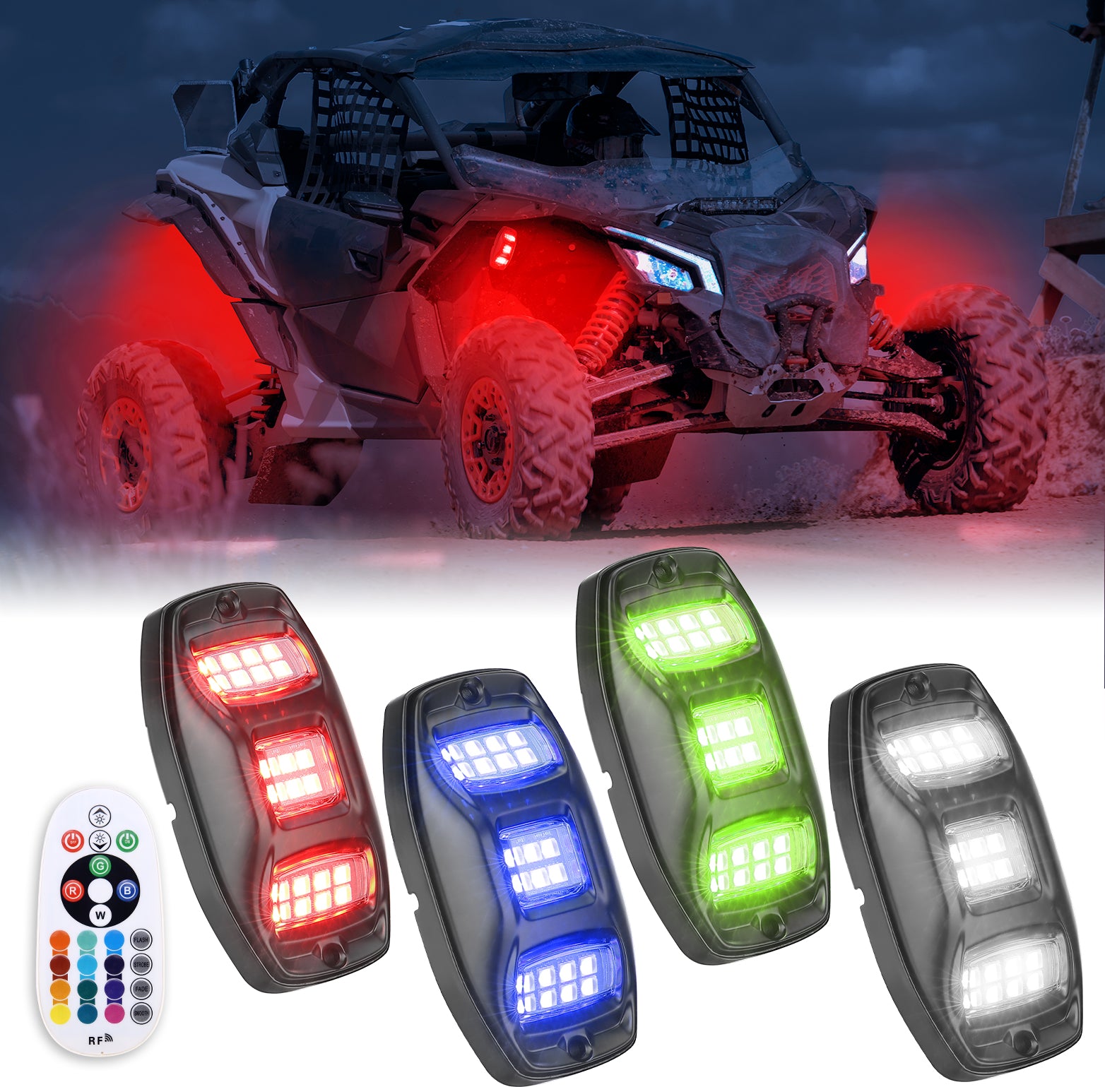 Universal 8 Pods RGB Rock Light Kit for UTV ATV Jeep Truck SUV Car - Kemimoto
