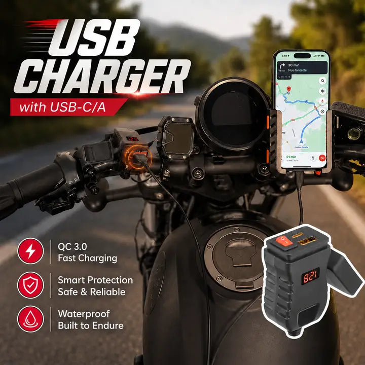 USB Charger for Motorcycle with USB-C & USB-A