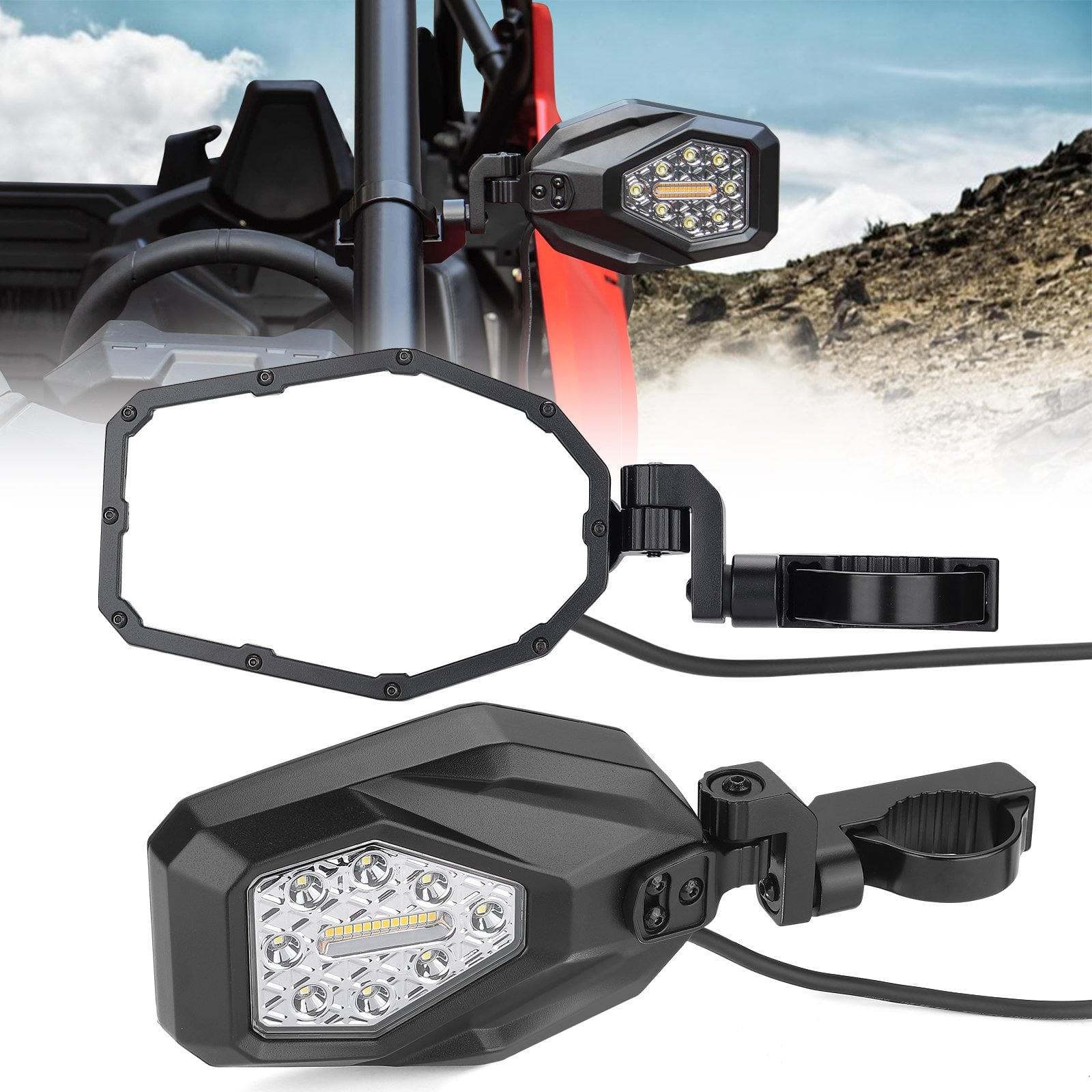 UTV Mirrors with LED Turn Signal Lights (New Design) for 1.6