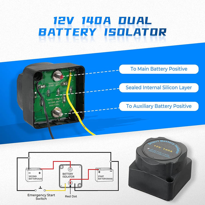 UTV ATV Dual Battery Isolator Kit 12V 140AMP - Kemimoto