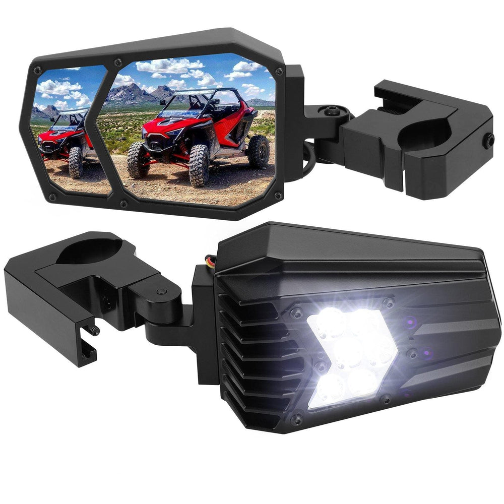 Universal UTV LED Light Mirror (New design) Fits 1.5" - 2" Roll Bars - KEMIMOTO