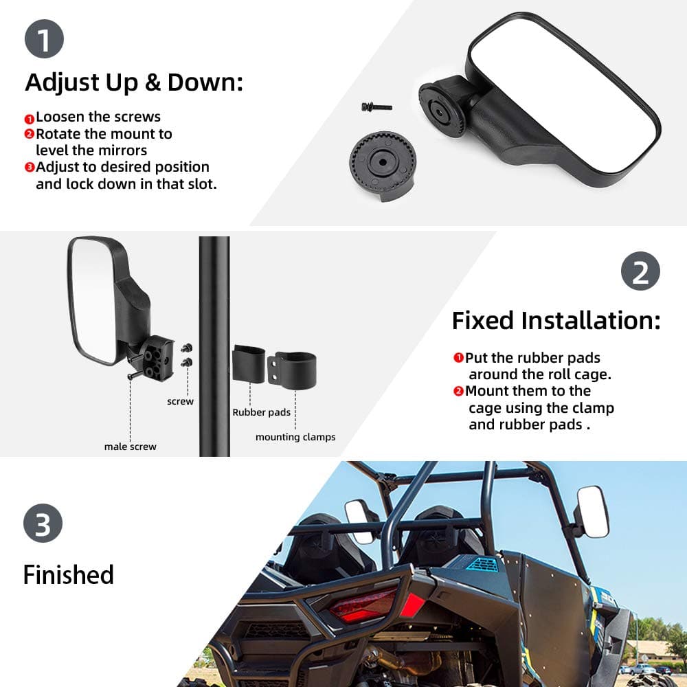 UTV 1.65"-2" Round Tube Adjustable Rear View Mirror & UTV 1.75"-2" Round Tube Adjustable Side Mirrors - Kemimoto