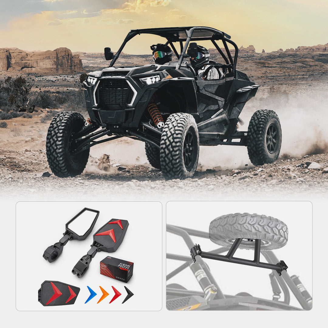 Side Rear View Mirrors and Spare Tire Carrier Mount Fit Polaris RZR Turbo - Kemimoto