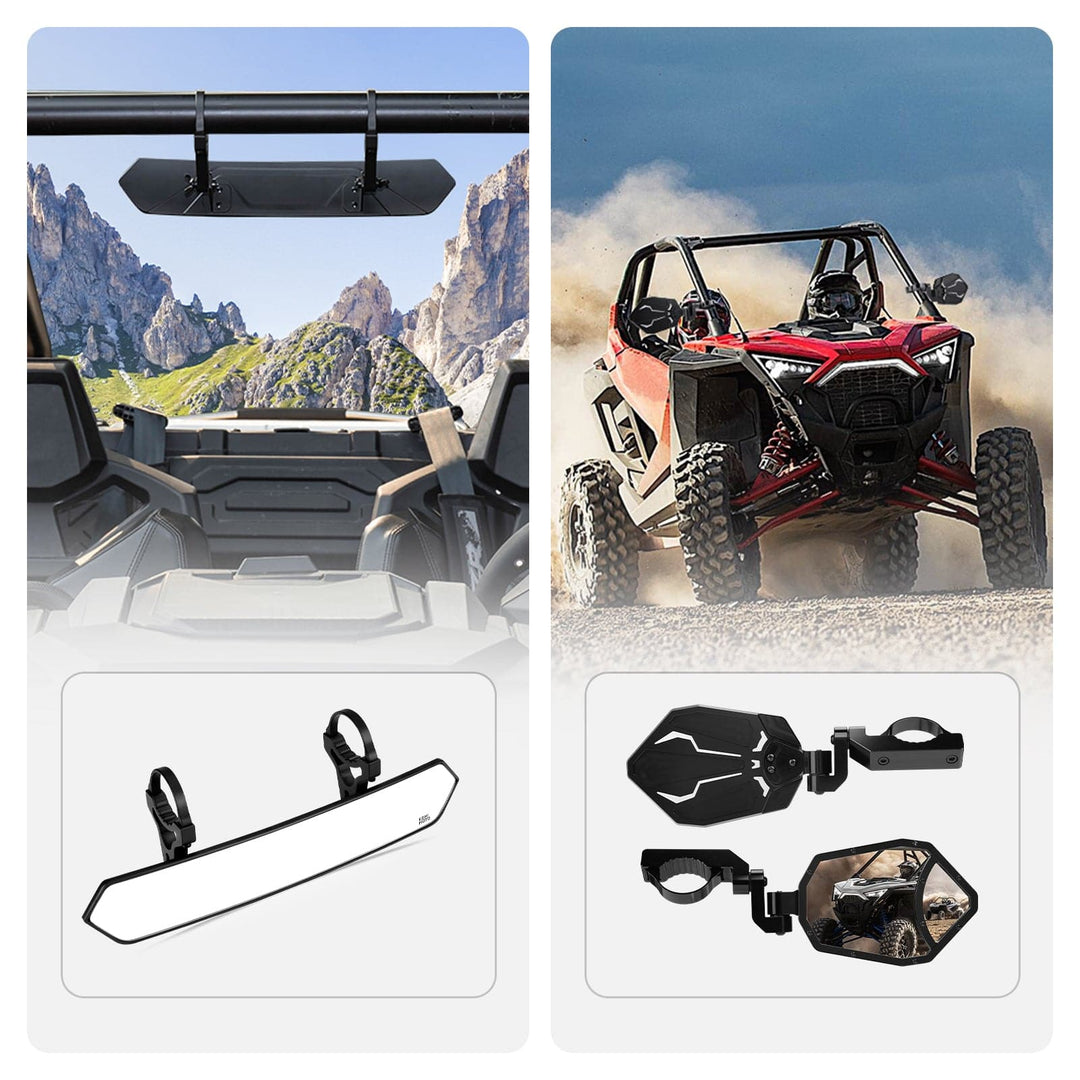 UTV 1.65"-2" Round Tube Adjustable Rear View Mirror & UTV 1.6"-2" Round Tube Adjustable Side Mirror - Kemimoto