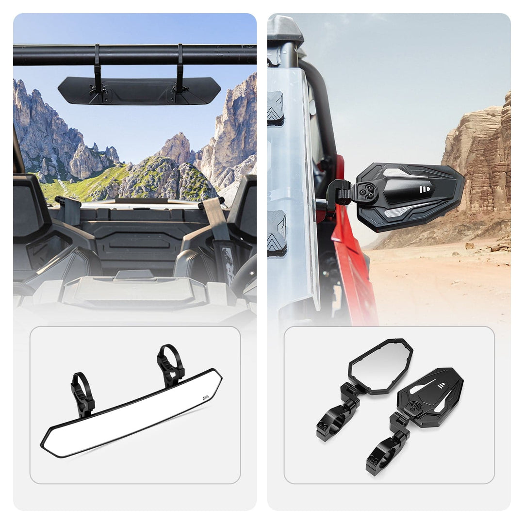 UTV 1.65"-2" Round Tube Adjustable Rear View Mirror & UTV 1.75"-2" Round Tube Adjustable Side Mirror - Kemimoto