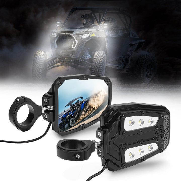 Side Mirror with LED Spot Light 1.75" - 2" Roll Cage Break Away with Ball Joint High Impact Shatter Proof Tempered Glass - KEMIMOTO