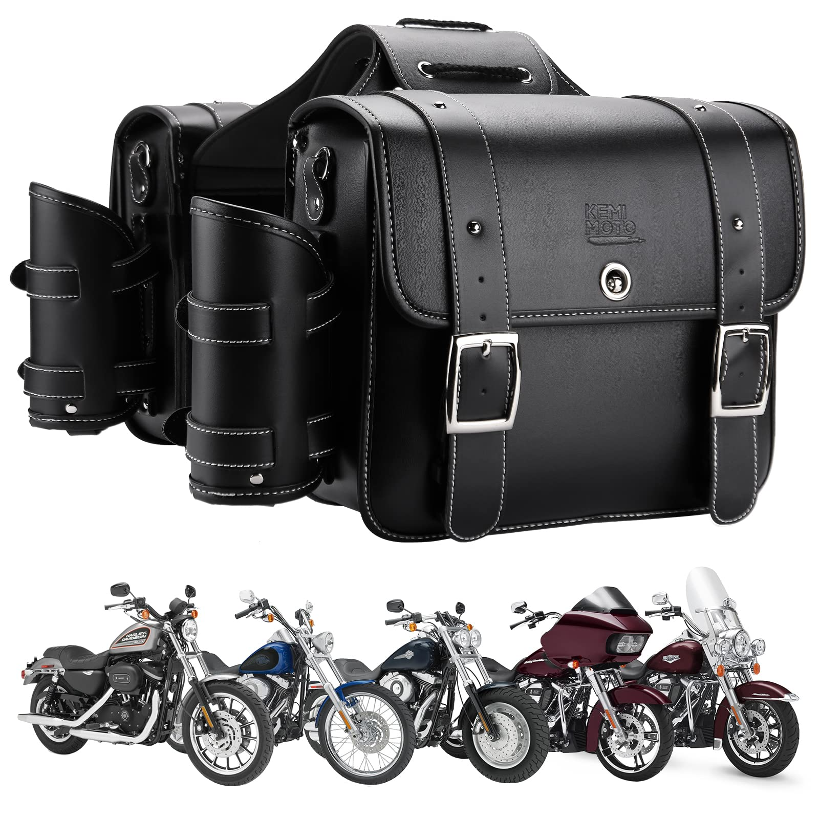 Motorcycle PU Leather Saddlebags With Water Cup Holder For Dyna Sportster - Kemimoto