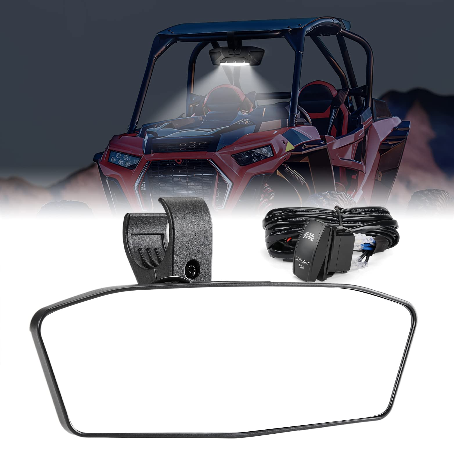 UTV Aluminum Center Rear View Mirror With LED Lights Fits 1.75