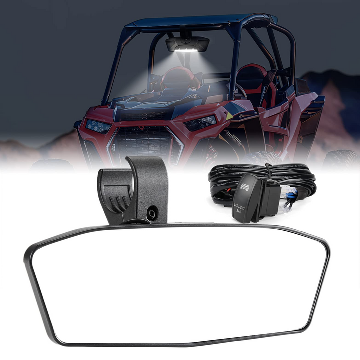 UTV Aluminum Center Rear View Mirror With LED Lights Fits 1.75"-2" Round Roll Bar - Kemimoto