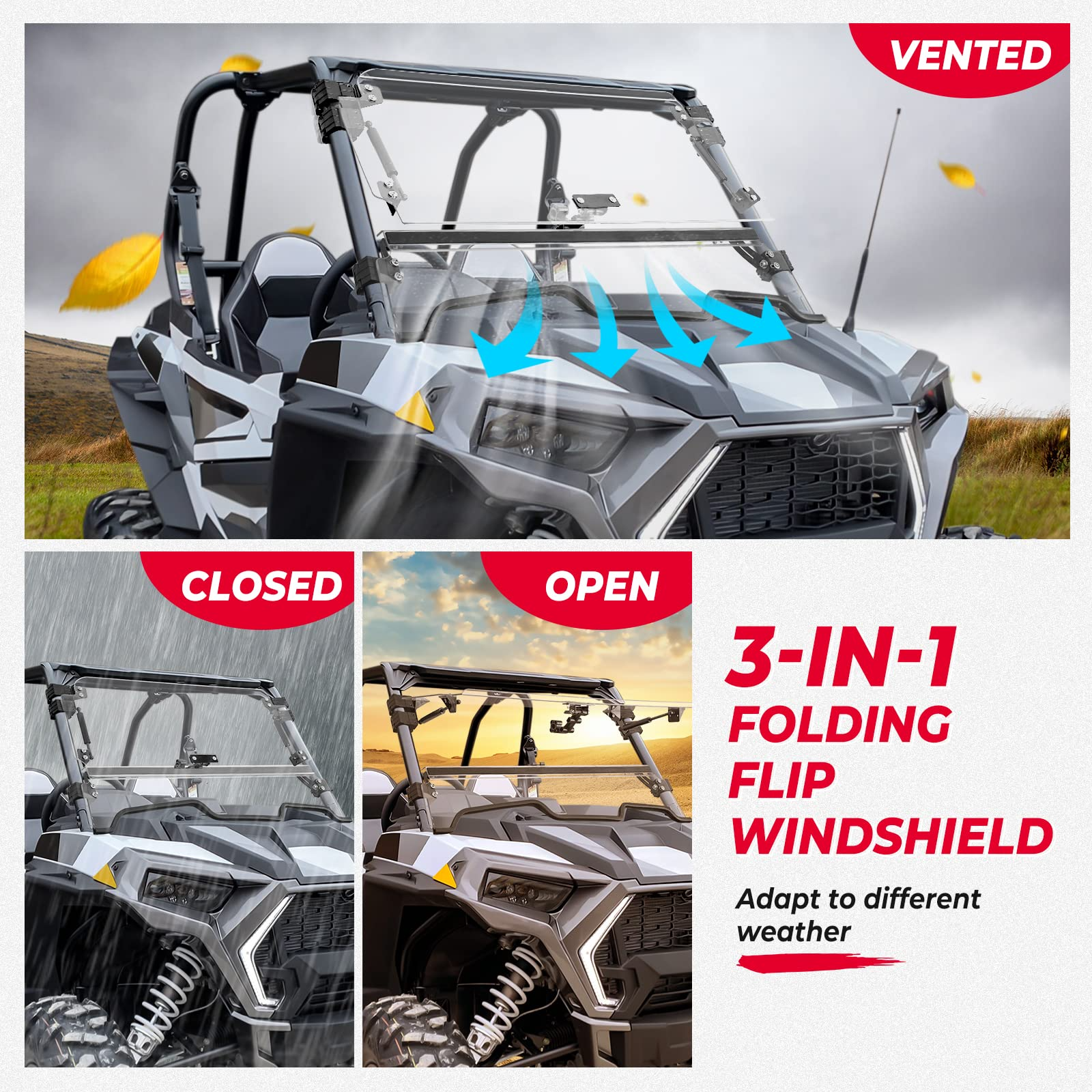 RZR XP 1000 Flip Windshield, Hard Coated PC Heavy Duty 3-IN-1 Folding Windscreen - Kemimoto