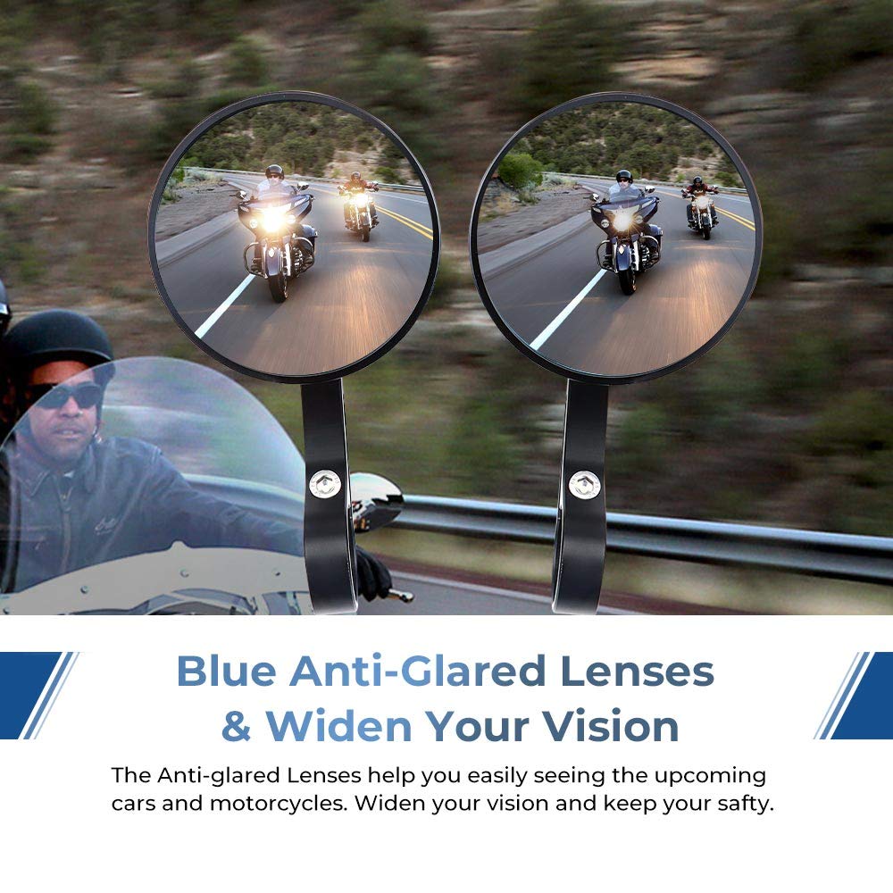Motorcycle Handlebar Bar End Mirrors, Blue Lense Anti Glare Universal 7/8" Handle Round - Kemimoto