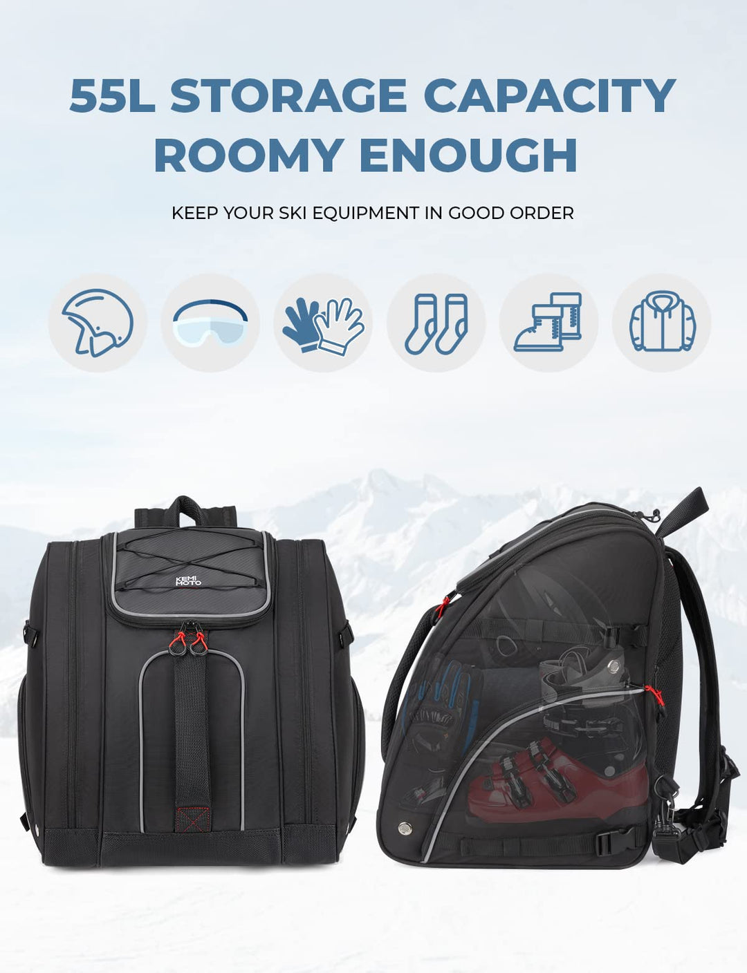 Ski Boot Bag, Waterproof Snowproof Skiing and Snowboarding Travel Luggage - Kemimoto