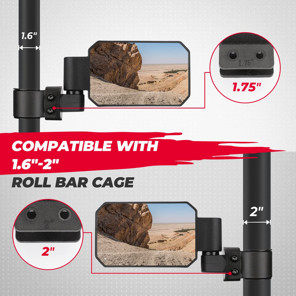 UTV Side Mirrors with 1.6" to 2" Roll Bar Cage, Adjustable&Breakaway Mirrors - Kemimoto