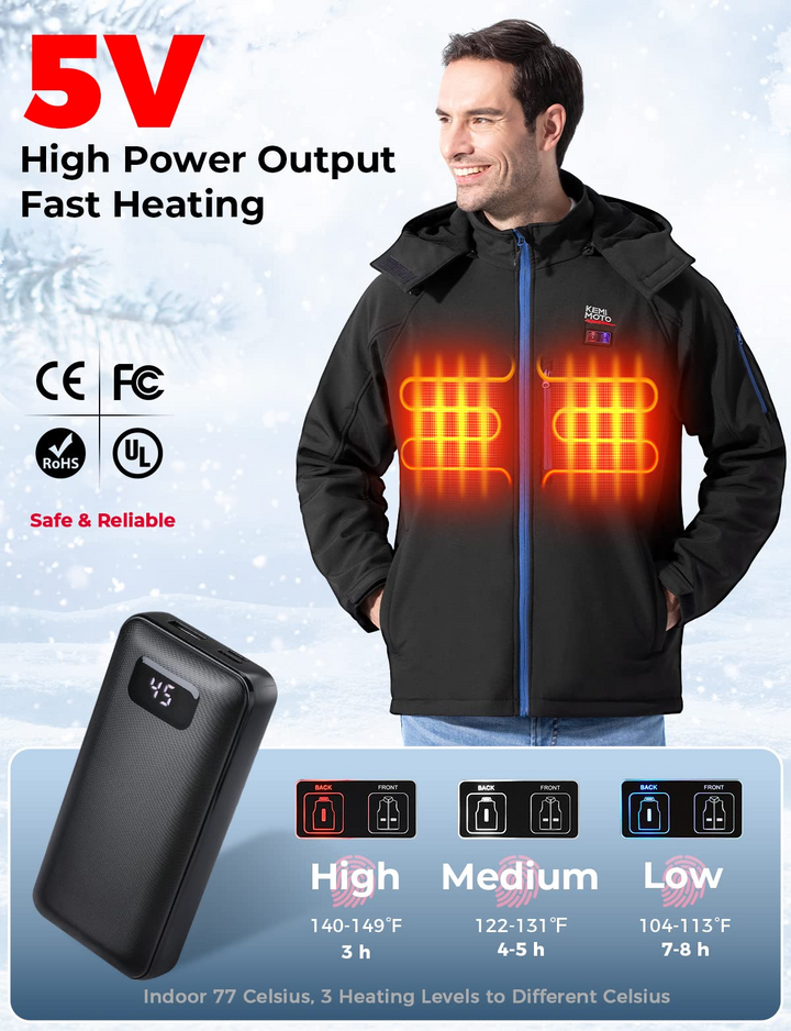 Men's Classic Heated Jacket With Detachable Hood - Kemimoto