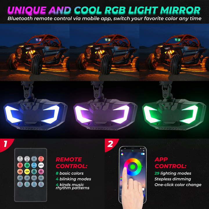 1.6"-2" RGB LED Rear View Center Mirror with Bluetooth - Kemimoto