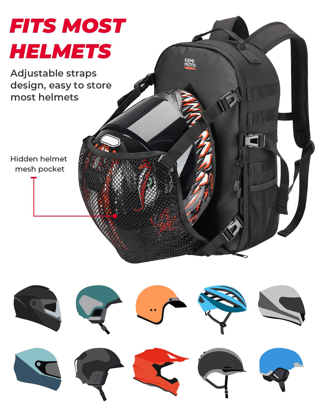 Motorcycle 20L Helmet Backpack with Hidden Helmet Net - Kemimoto