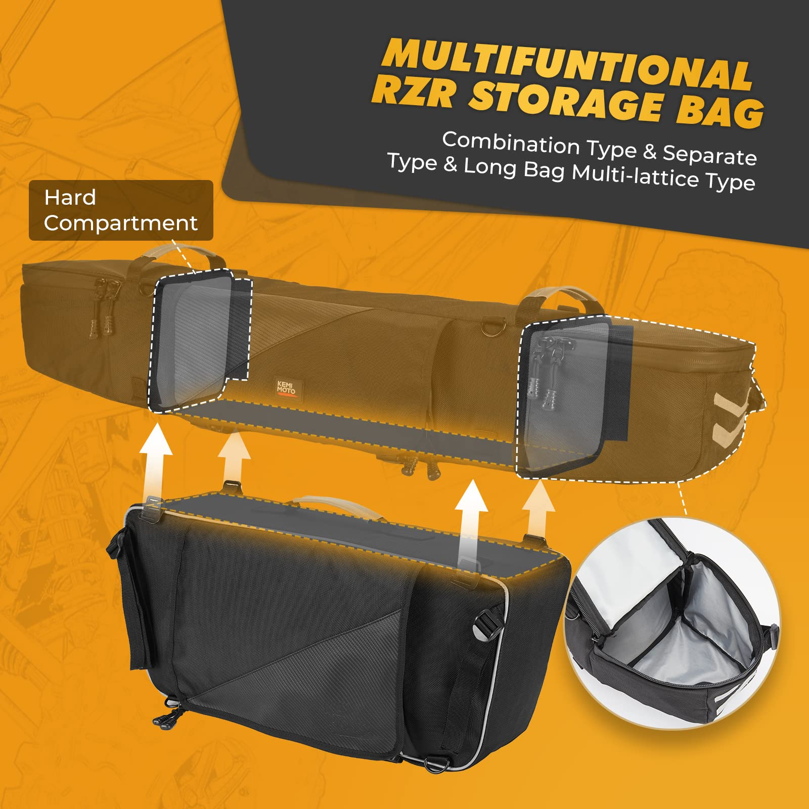 RZR Upgraded 1680D High Rear Cargo Bag  with Two Pockets and Waterproof Zipper - Kemimoto