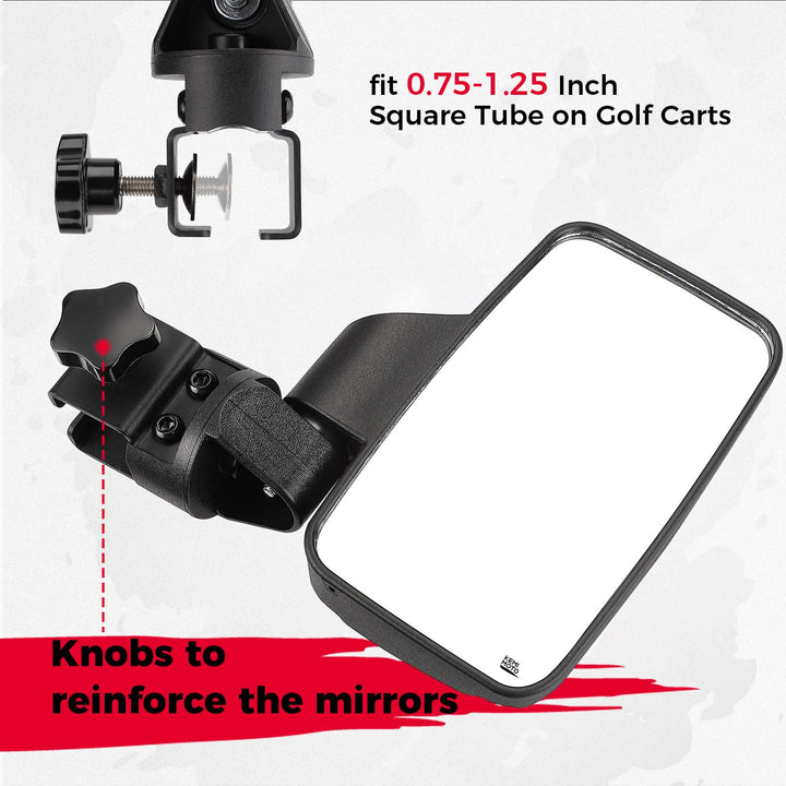 No-Drilling Required Golf Cart Side Mirrors for 0.75"-1.25" Square Rail - Kemimoto