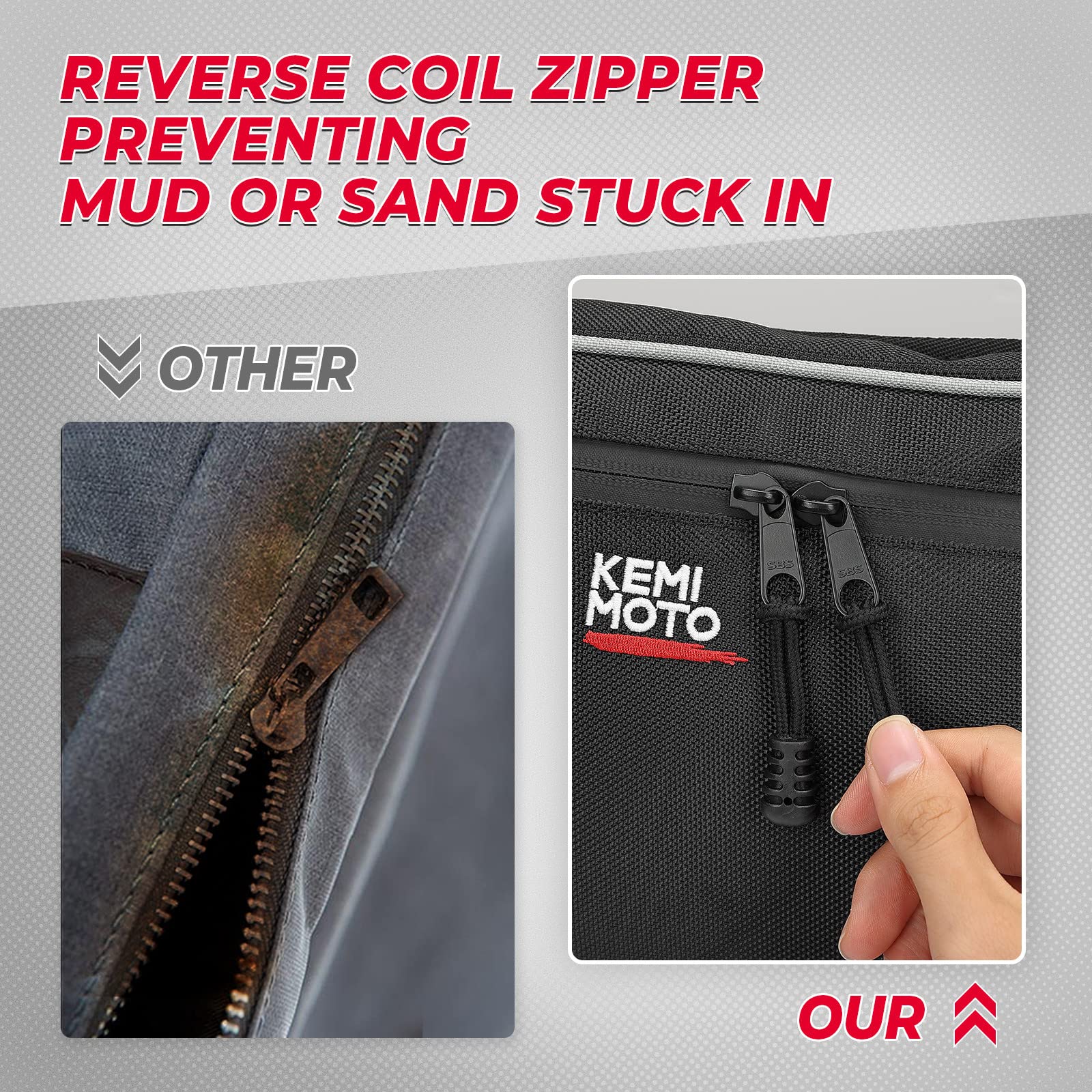 kemimoto door bags have reverse coil zipper