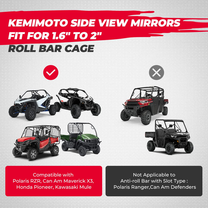 UTV Side Mirrors Fit 1.6" - 2" Roll Bar Cage - Kemimoto