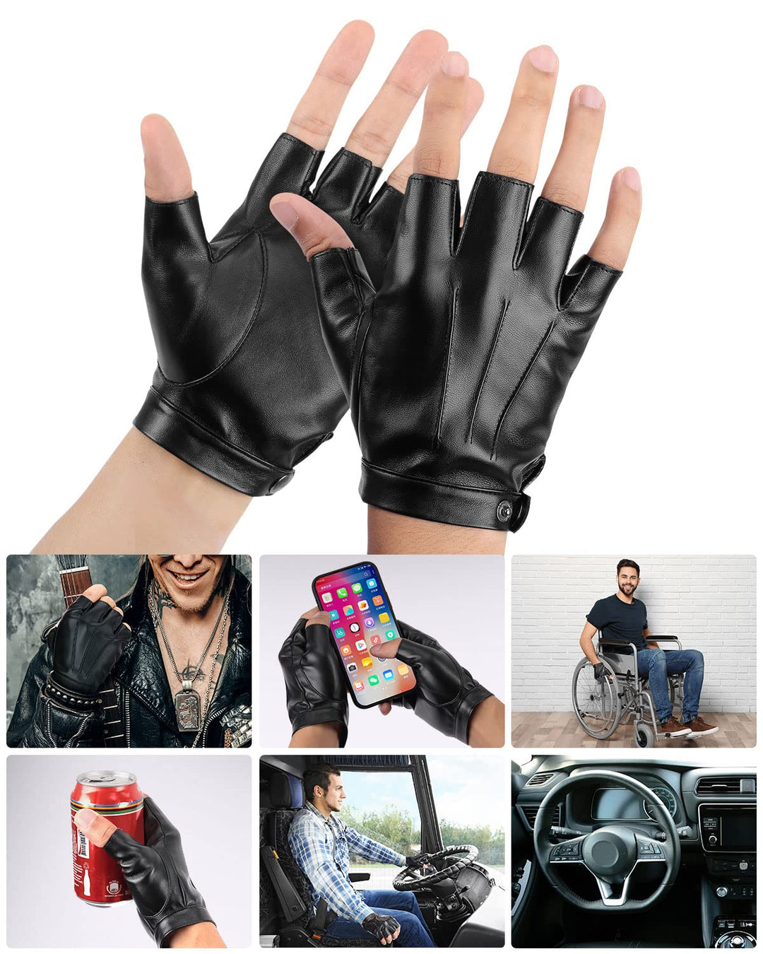 Fingerless Driving Gloves, PU Faux Leather Half Finger Glove for Men Women Teens - Kemimoto