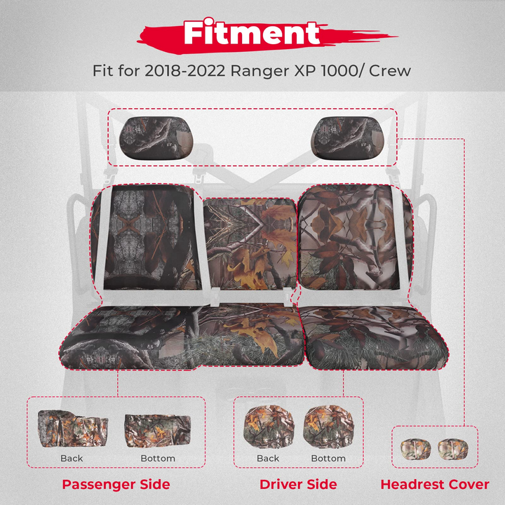 Seat Covers Camo Upgraded Fit Polaris Ranger XP 1000/Crew 2018-2023 - Kemimoto