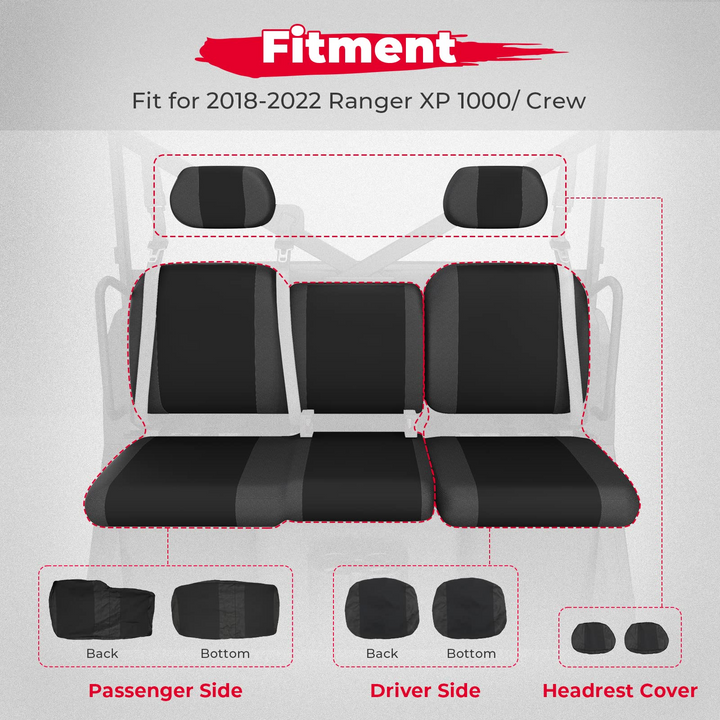 Polaris Ranger Seat Covers, Split Bench Seat Covers Accessories (Crew Fits Front Seat Only) - Kemimoto