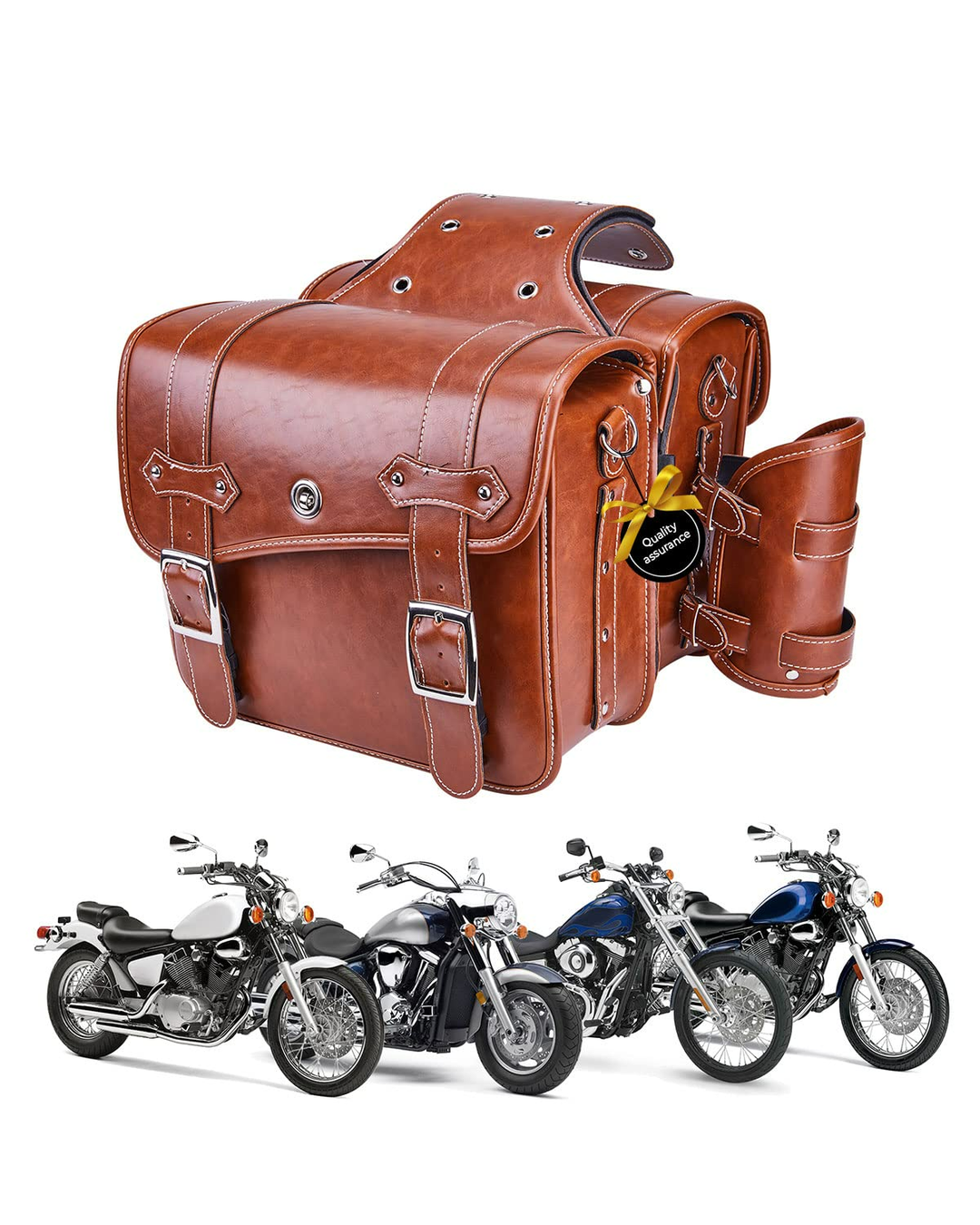 PU Leather Motorcycle Saddle Bags with Cup Holder & Lock for Universal Motorcycle, Brown