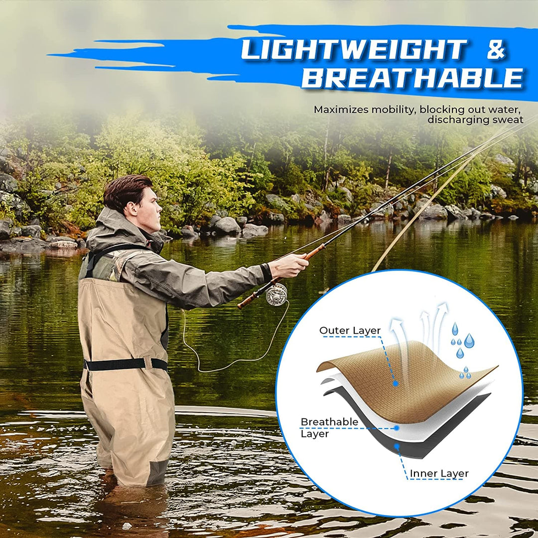 Men's Waind Pants Breathable Chest Wader for Fly Fishing & Duck Hunting, Khaki - Kemimoto