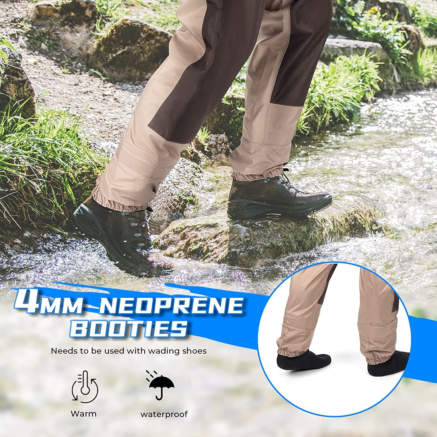 Men's Waind Pants Breathable Chest Wader for Fly Fishing & Duck Hunting, Khaki - Kemimoto