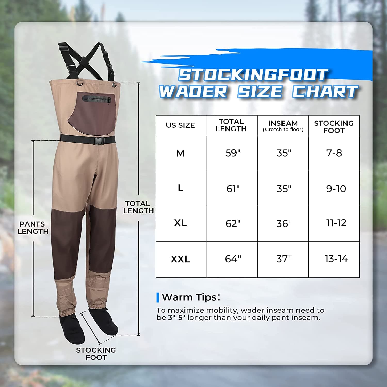 Men's Waind Pants Breathable Chest Wader for Fly Fishing & Duck Hunting, Khaki - Kemimoto